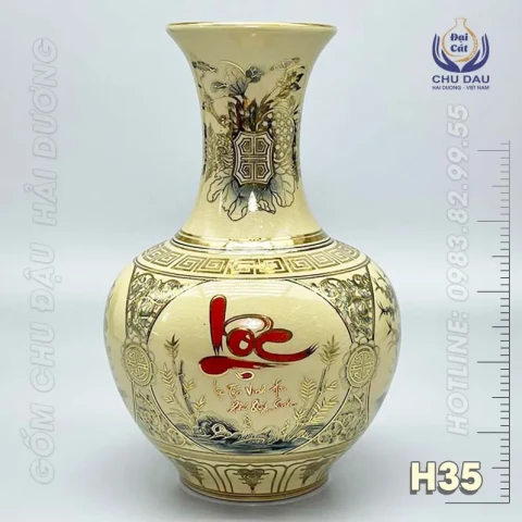 Bình Phú Quý Tứ Cảnh chữ Lộc H35 - Gốm Chu Đậu vẽ vàng