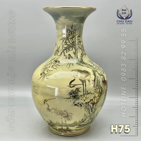 Bình Phú Quý Tùng Hạc Diên Niên H75 - Gốm Chu Đậu vẽ vàng