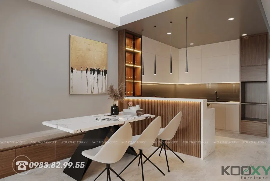 Tủ bếp chữ L kết hợp với quầy bar hoặc bàn đảo cũng sẽ tạo nên điểm nhấn độc đáo cho không gian nhà bếp