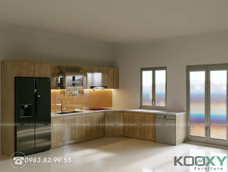 Tủ bếp hình chữ L giúp cho chị em nội trợ giảm thiểu khoảng cách di chuyển trong khi nấu nướng