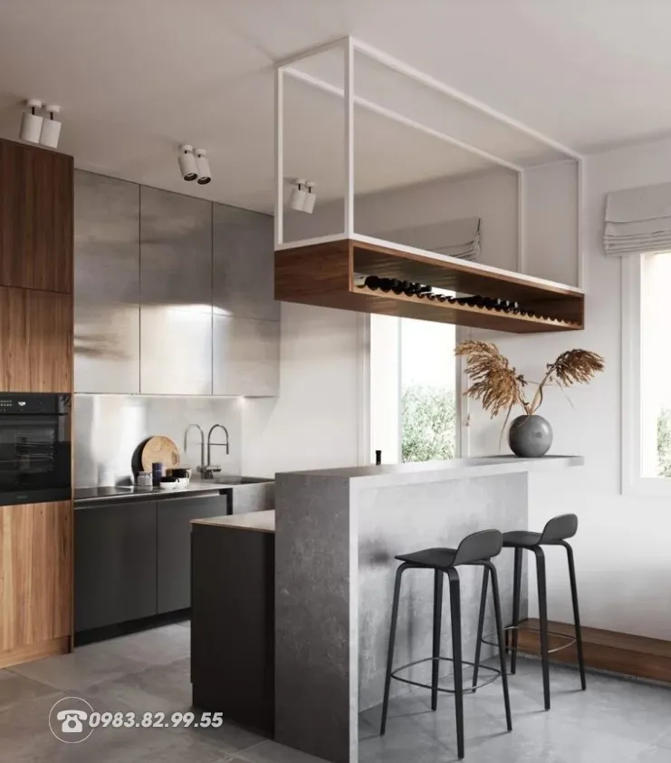 Quầy bar ngăn bếp tách biệt phòng khách, nhà bếp mang đến không gian riêng tư